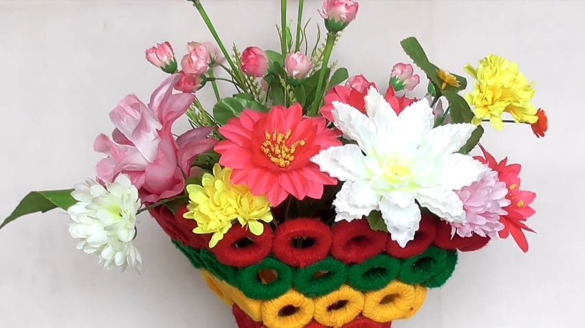 Beautiful decorative flower basket making at home16