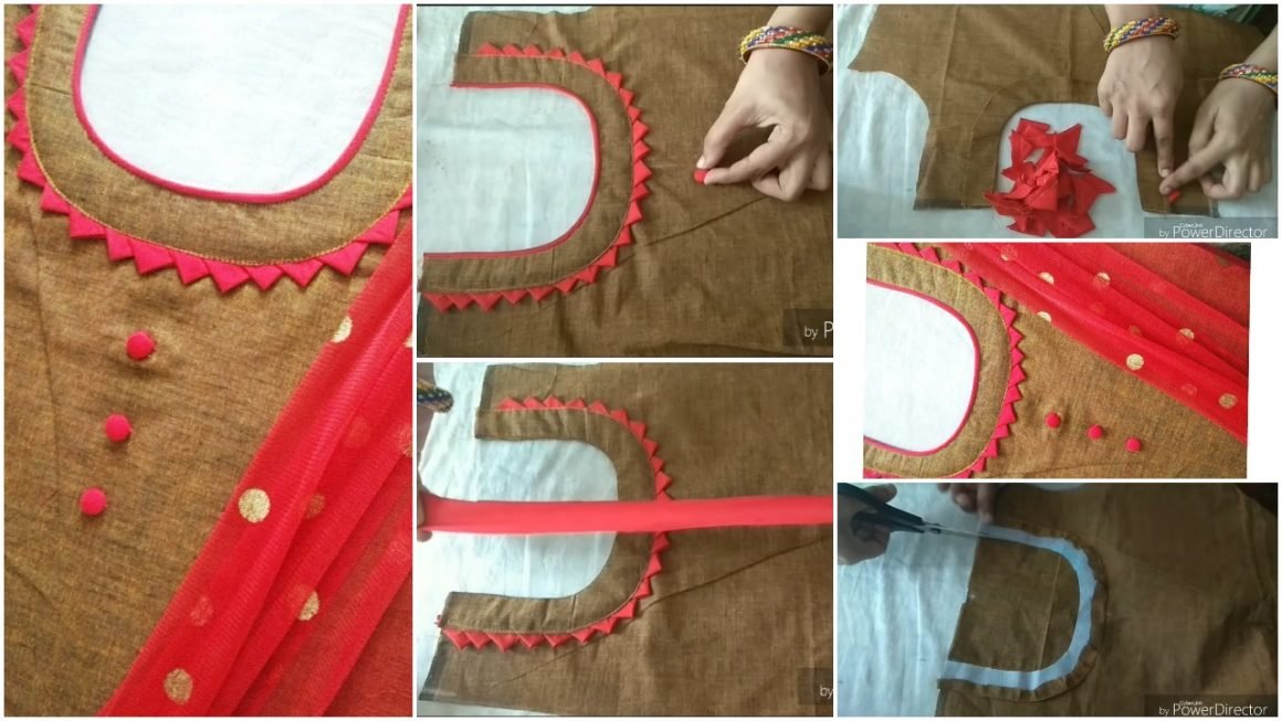 Creative neck design cutting and stitching with fabric button making