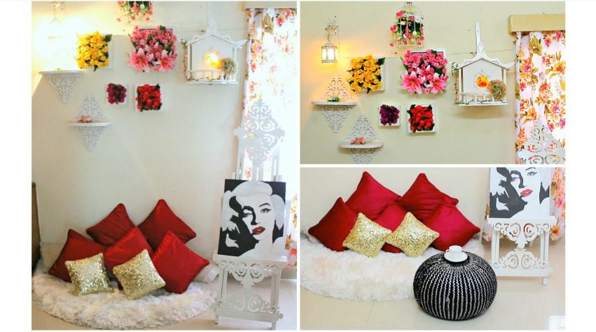 Floral wall decor with floor sitting area