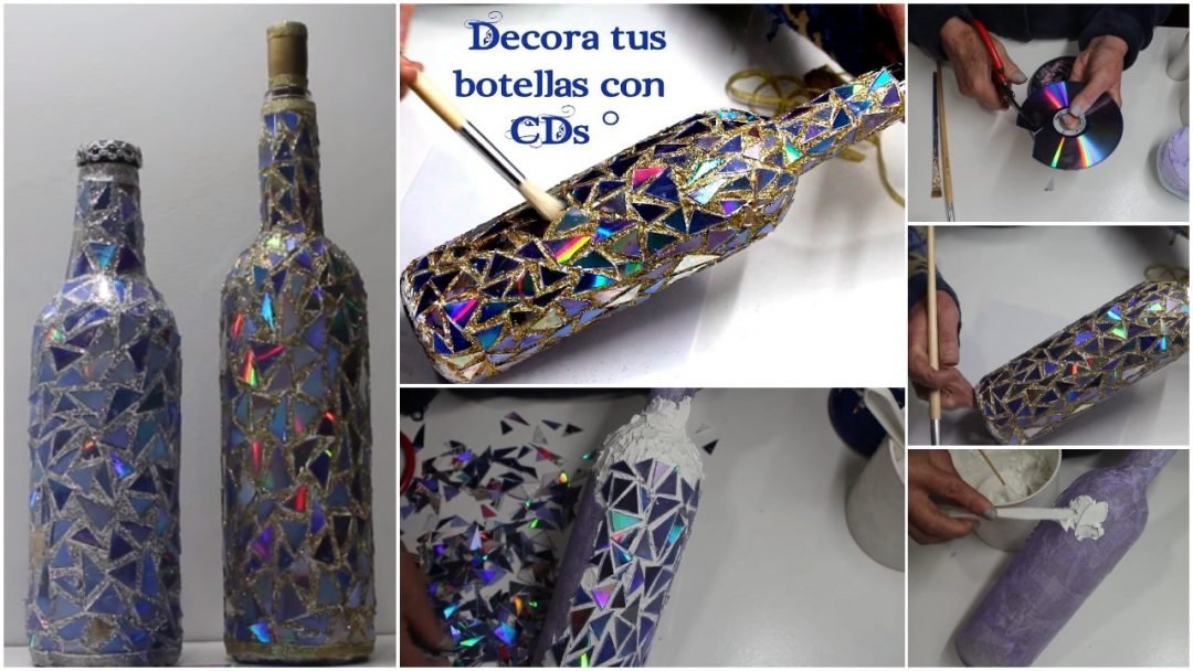 Bottle Decorated in Mosaic Style with CDs