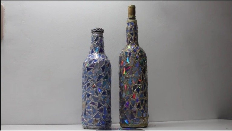 Bottle Decorated in Mosaic Style with CDs