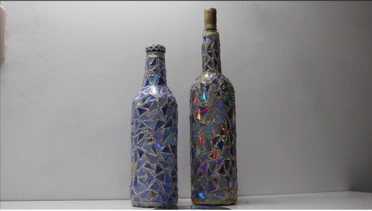 Bottle Decorated in Mosaic Style with CDs