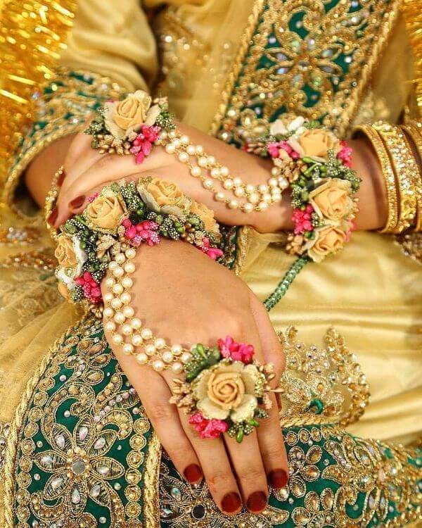 Beautiful faux bridal floral hathphool jewellery