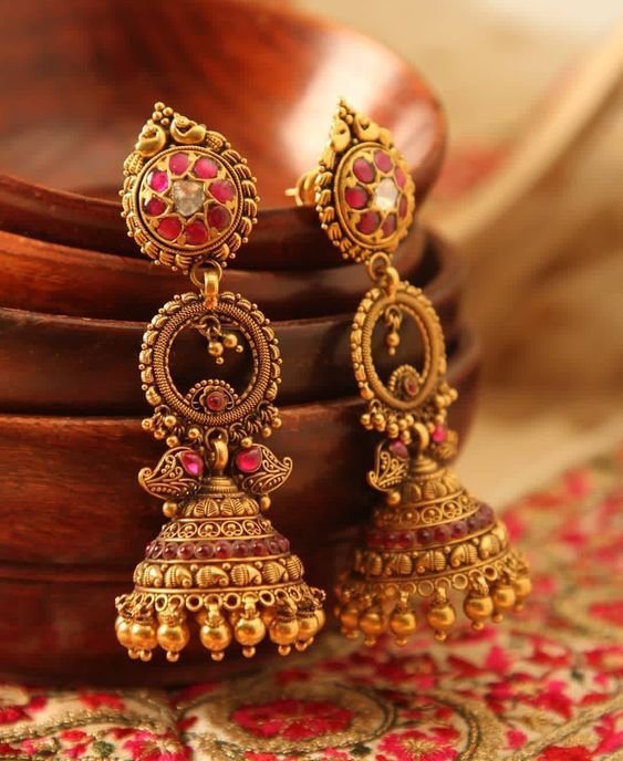 Gold Antique Jhumka Earrings