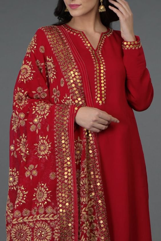 red kurti with v-neck design