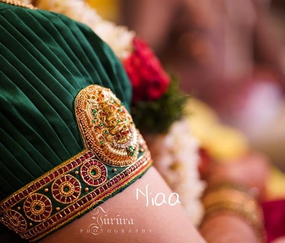 green puff blouse with temple work