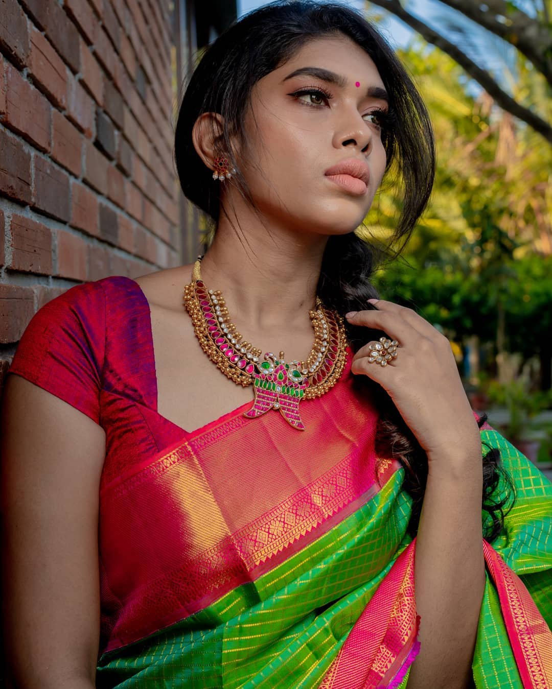 necklace with pink and green glass stones