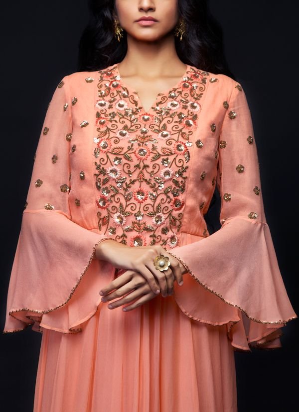 peach kurti with bell sleeve design