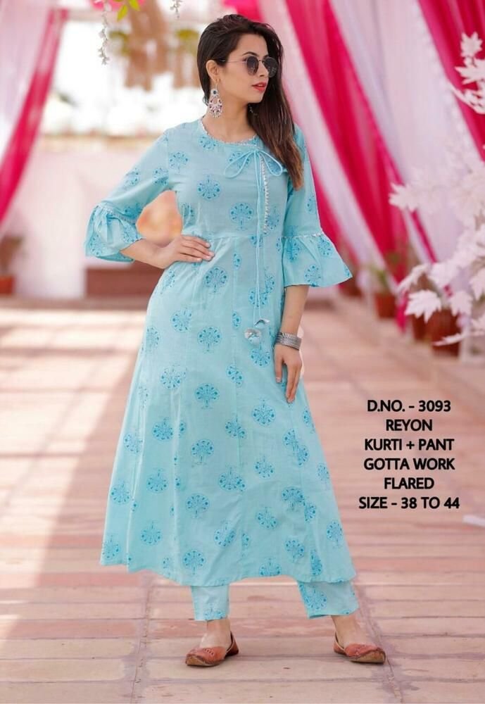 sky blue kurti with bell sleeve design