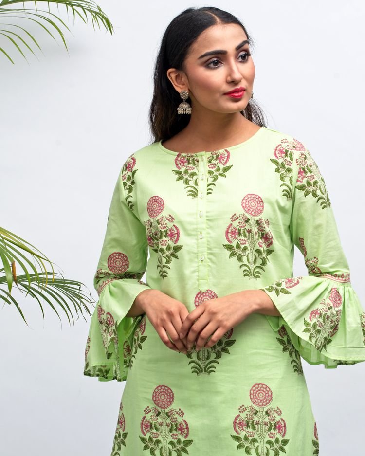 green kurti with bell sleeve