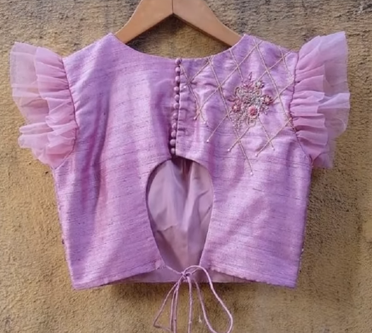 purple blouse with net ruffled short sleeve