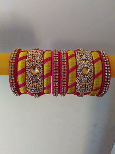 yellow and pink combination Silk Thread Bangles