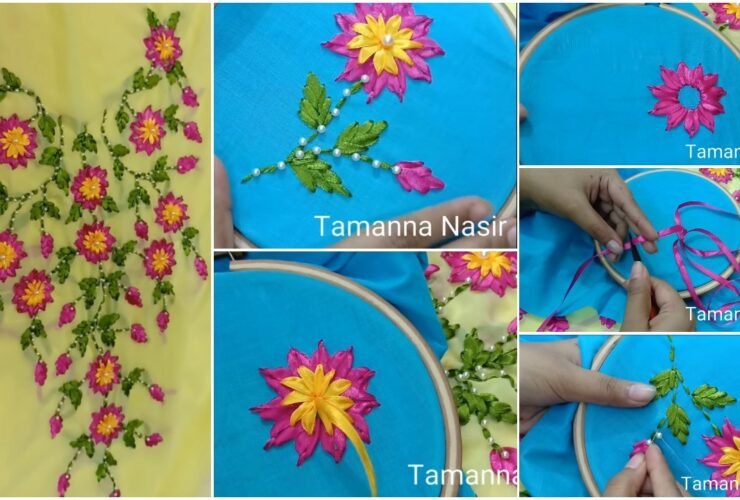 How to Create Ribbon Stitch Flower and Leaf for Kurti Neck