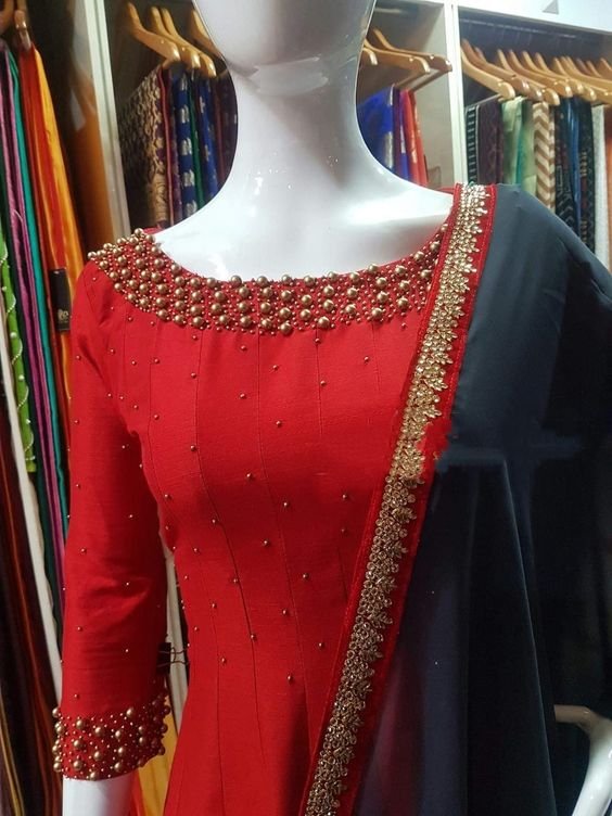 red kurti with pearls