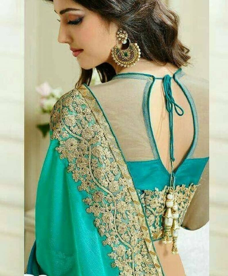 turquoise blue blouse with net neck