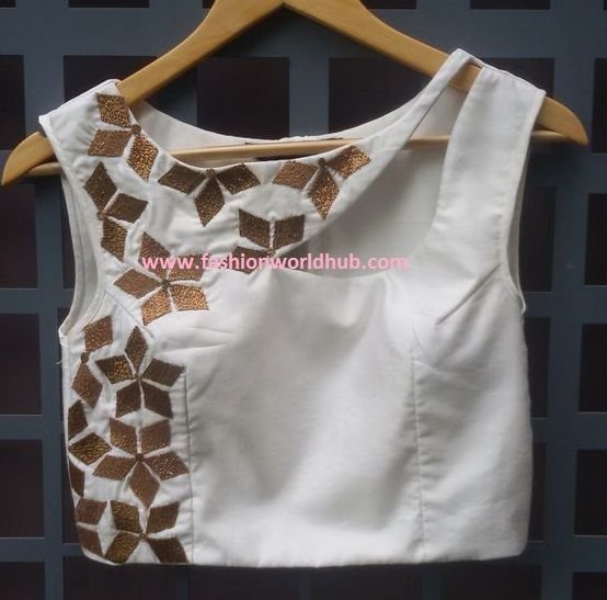 sleeveless designer off white blouse design