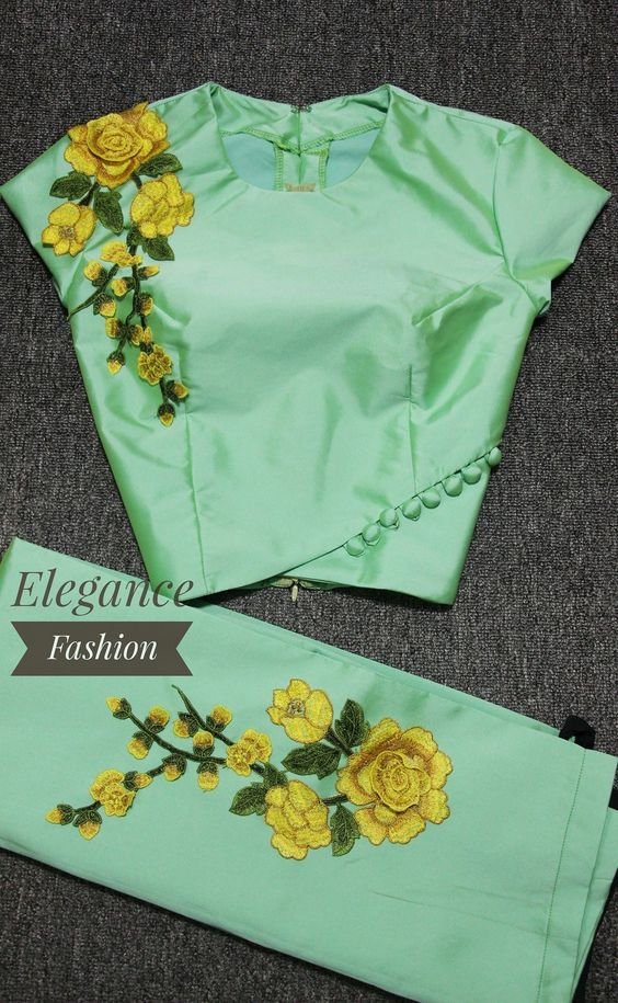 veriety pista green blouse with floral embroidery