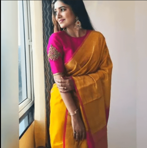 Yellow Silk Saree with Contrast Blouse Collection 10