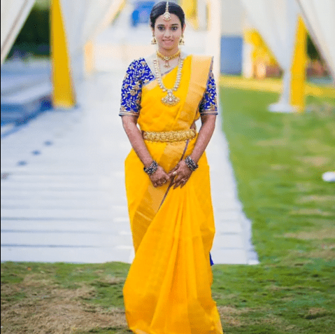 Yellow Silk Saree with Contrast Blouse Collection 3