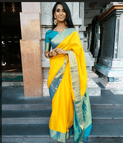 Yellow Silk Saree with Contrast Blouse Collection 5
