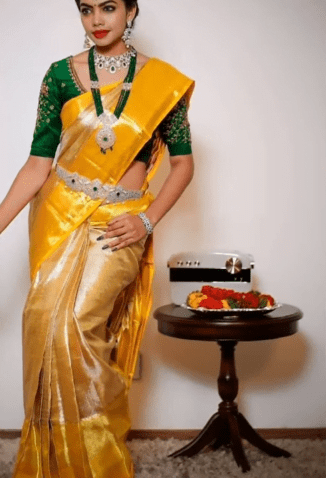 Yellow Silk Saree with Contrast Blouse Collection 6