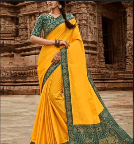 Yellow Silk Saree with Contrast Blouse Collection 7