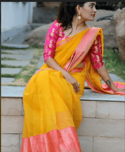 Yellow Silk Saree with Contrast Blouse Collection 8