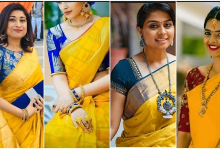 Yellow Silk Saree with Contrast Blouse Collection a1